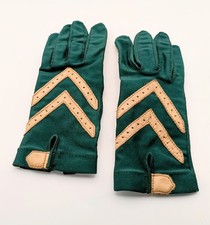 Vintage Aris Isotoner Driving Gloves Emerald Green Chevron Leather Suede Sm/Med