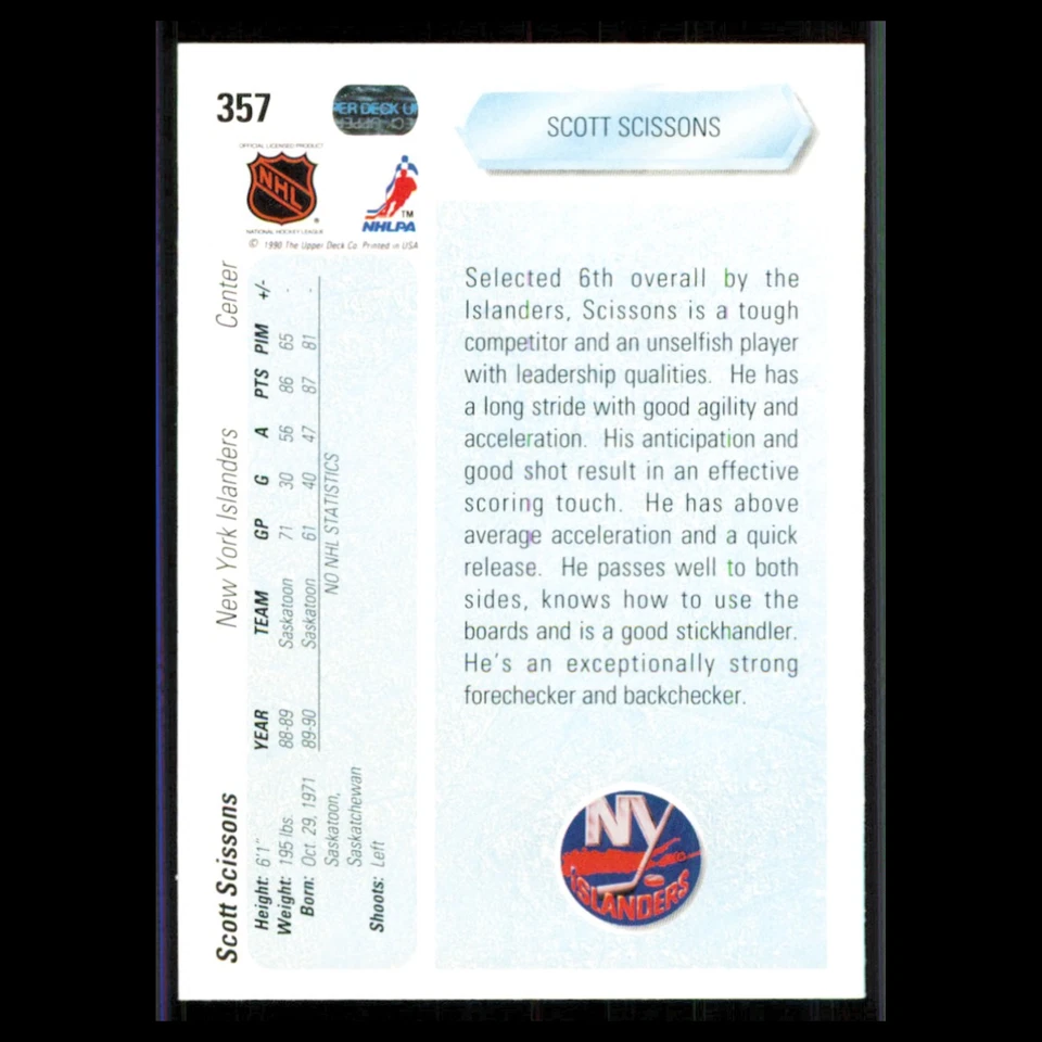 Scott Scissons Rookie #357 1990 Upper Deck New York Islanders Hockey Card NHL NM - Image 2 of 3