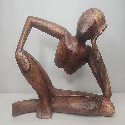 Wooden Abstract Sculpture Thinking Man Figurine Hand Carved Thinker Statue
