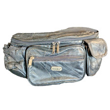 Vintage Large 90s Isaka Black Faux Leather Patchwork Unisex Fanny Pack Belt Bag