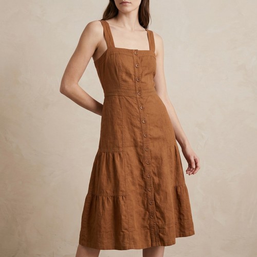 Madewell Women's Brown Linen Blend Button Front Puff Sleeve Midi Dress Size 2