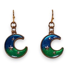 Gold-Tone Moon with Stars Dangle Earrings Blue Enamel Crescent Pierced Celestial