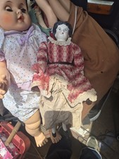 Antique 16" German Flat Top China Head Doll c1870 w/Old Body and Clothes 1 Shoe