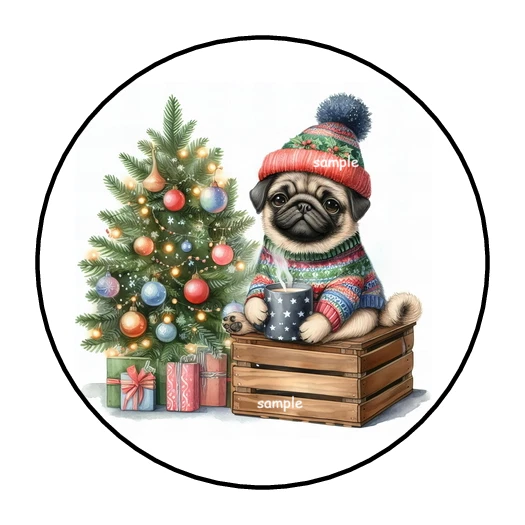 PARTYMOMMY 30 CHRISTMAS PUG STICKERS ENVELOPE SEALS LABELS 1.5" ROUND PUPPY DOG TREE