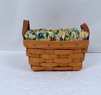 Longaberger 2000 Handwoven Basket Yellow Blue Floral Liner Insert Leather Handle