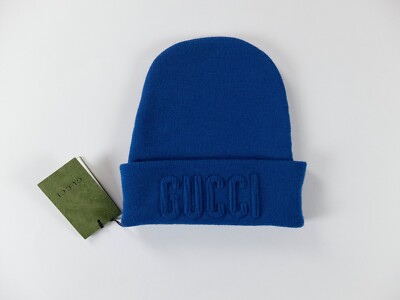 GUCCI blue wool beanie hat with logo Size 58 cm / Medium authentic designer NWT