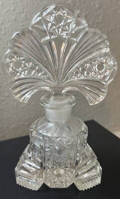 VTG Clear Press Cut Crystal Glass Perfume Bottle Fan Stopper Hob Star Rays Deco