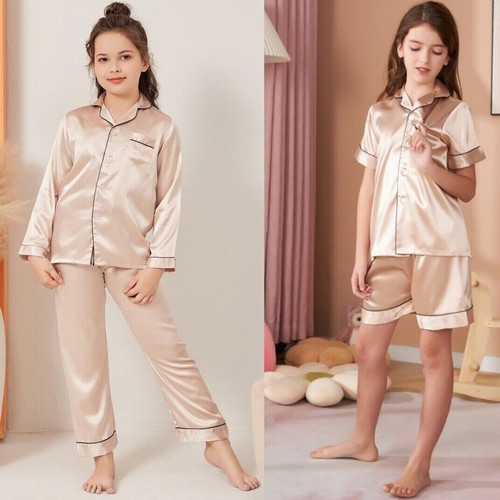 UK Boys Girls Silk Pyjamas Nightwear Top Pants Pjs Satin Sleepwear Outfits Kids - Picture 28 of 29