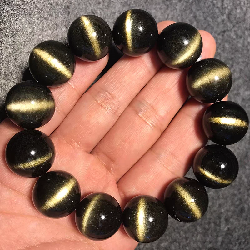 ENORME Brazalete Hombre Elástico Cuentas Redondas Piedras Preciosas Obsidiana Oro Natural 16 mm Foto 2 de 3