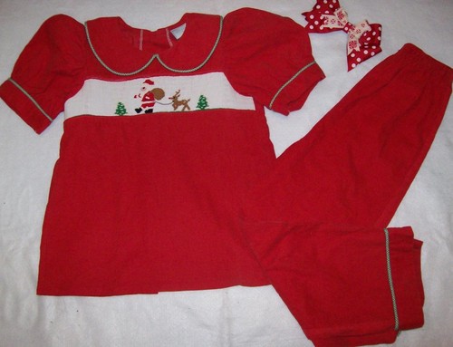 Girl 7 VINTAGE ~REMEMBER NGUYEN~ SANTA SMOCKED RED CHRISTMAS CORDUROY 3Pc OUTFIT