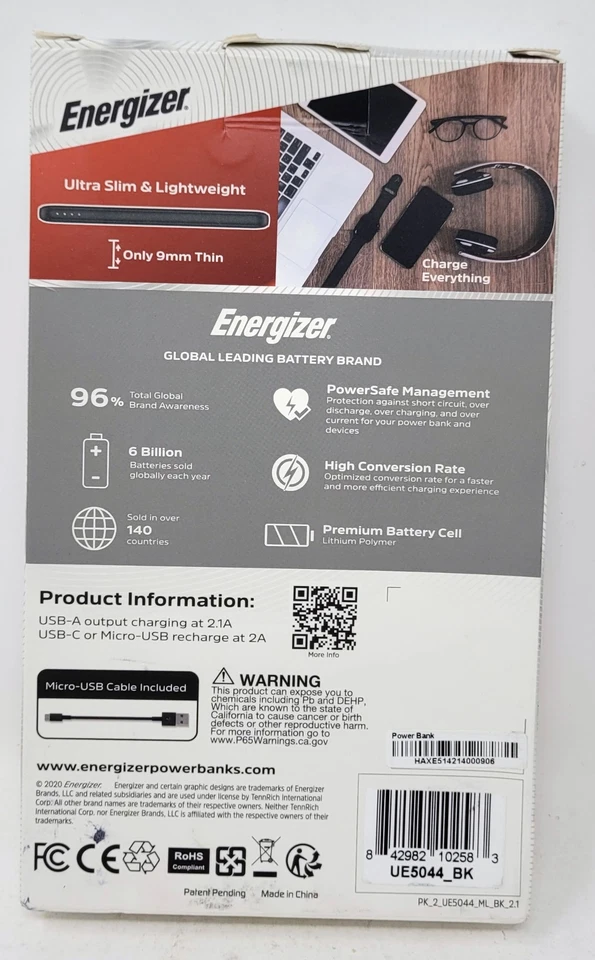 Carregador portátil Energizer MAX 5.000mAh ultrafino banco de potência de alta velocidade UE5044 - Imagem 2 de 4