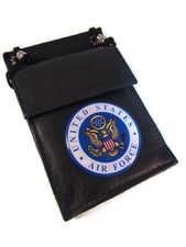 USAF US AIR FORCE BLACK LEATHER ID / BADGE HOLDER POUCH with lanyard