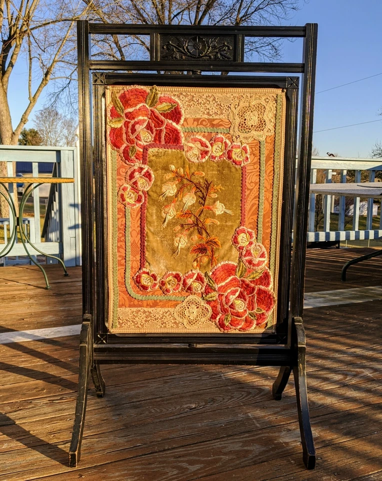 Victorian Fire Screen Fancy Needle Work 2 Sided Floral Art 45"x25" Local Pickup - Image 2 of 4