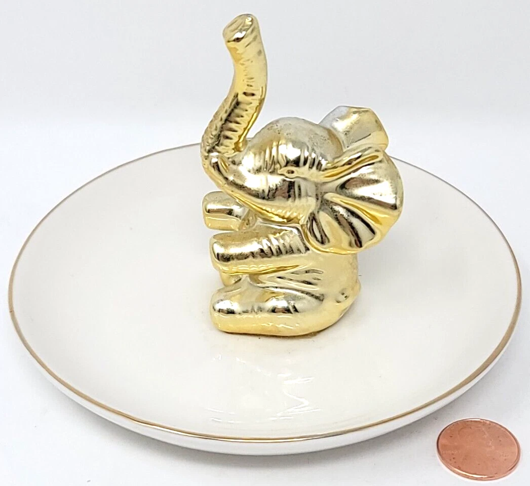 Baby Elephant Ring Holder Jewelry Dish Trinket Tray Metallic Gold
