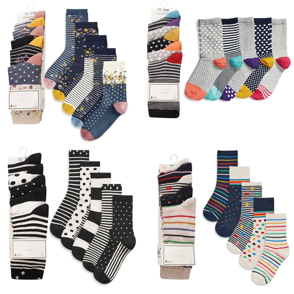 K COLLECTION Ladies Ex Store 10 Pack Cotton Rich Purista Floral Spots Stripe Socks One Size