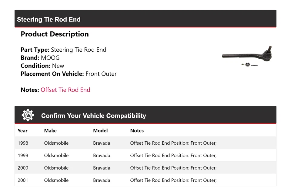 Para 1998-2001 Oldsmobile Bravada extremidade da haste de direção dianteira externa MOOG 1998 1999 - Imagem 2 de 4