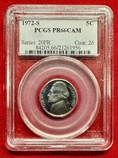 1972-S 5 Cent Jefferson PR66CAM PCGS Certified With 5% Reverse Die Rotation