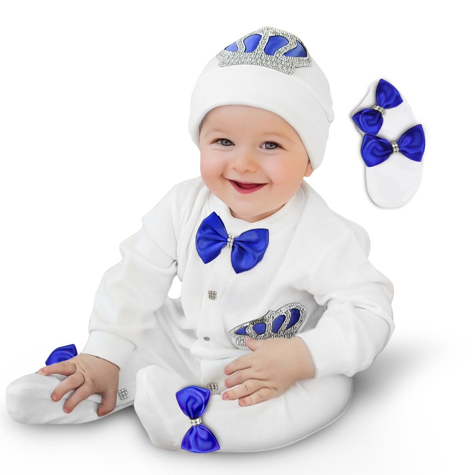 Baby Boy Newborn Crown Romper babygrow gift Set 3 piece Bow Romper Set