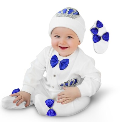 Baby Junge Neugeborene Krone Strampler Strampler Geschenkset 3-teilig Schleife Strampler Set