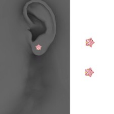 14k Yellow Star Pink CZ Stud Earrings - Screw Back