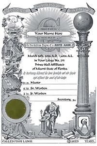 PERSONALIZED PRINCE HALL Masonic Master Mason Record Certificate ring art print