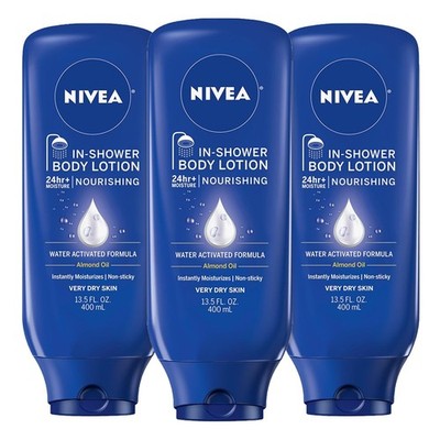 NIVEA Nourishing In Shower Body Lotion for Dry Skin, 13.5 Fl Oz, (Pack of 3)