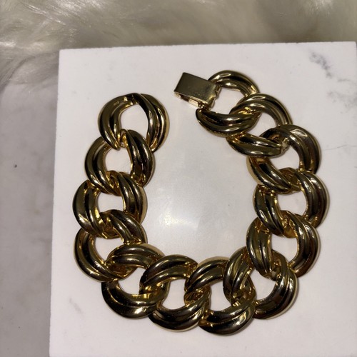 New Women Chunky Wide Gold Tone Flat Link Bracelet 7 Inches In Length - Picture 5 of 6