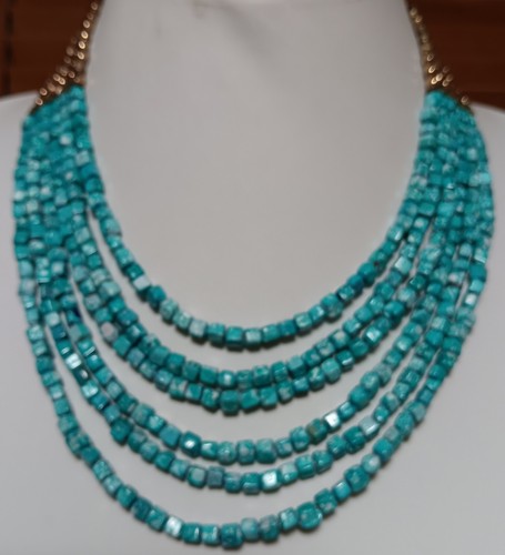 Turquoise Colored Beads 6.5mm, with Gold bead accents on neckline 15.5" 6 strand
