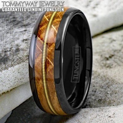 8mm Black Tungsten Whiskey Barrel Wood w/ Guitar String Men's Wedding Band Ring