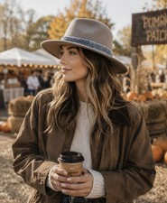 Wide Brim Felt Cowboy Hat Wool Womens OS Gray denim band boho