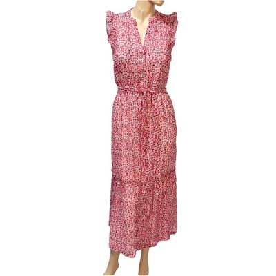 Draper James Dress Red White Floral Flutter Maxi Womens Size S Button Tie NWT