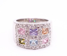 Colorful Multi-Stone Silver Toned Statement Cocktail Ring - Size 7
