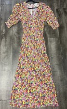 RIXO Floral Midi Dress Size 2 Small xs Multicolor V Neck Puff Sleeve Bias Cut