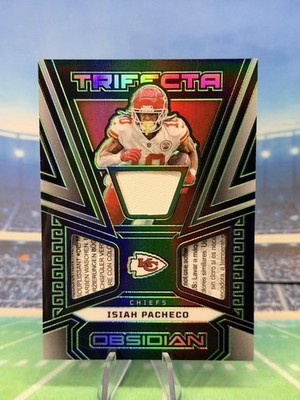 2023 Obsidian Isiah Pacheco Green /25  Trifecta Laundry Tag 3 Patch TRI-IPA