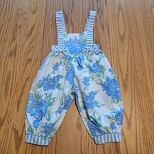 Vintage 12 Month Bubble Suspender Romper Overalls Floral Stripe Blue White