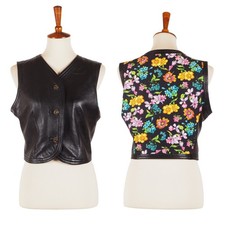 Gianni Versace Vintage Women's Black Leather Floral Back Vest Waistcoat IT 44