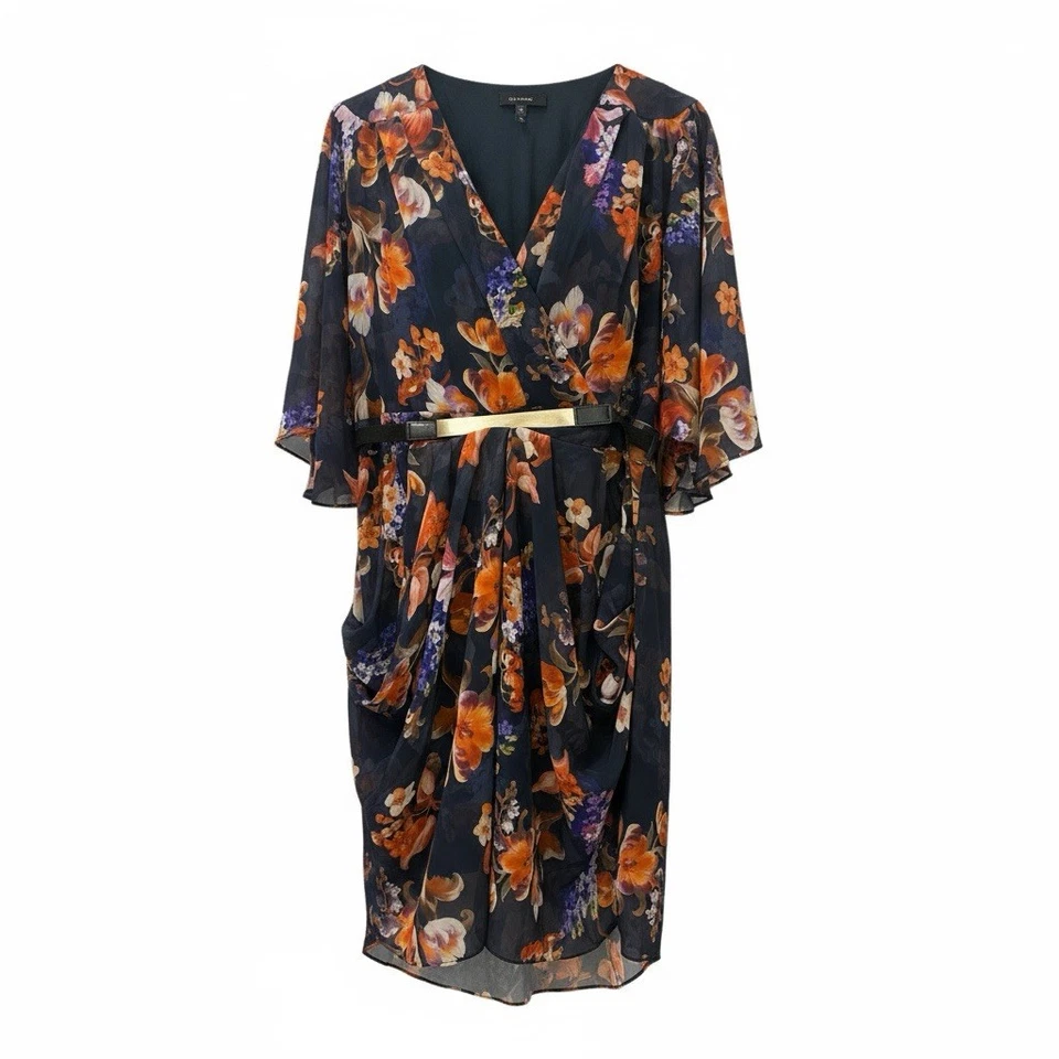 City Chic Navy Blue Floral Flowing Knee Length Dress With Gold Detail Belt S L - image 2 of 4