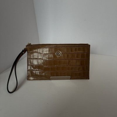 Michael Kors Tan Envelope Leather Clutch Wristlet Wallet Embossed-