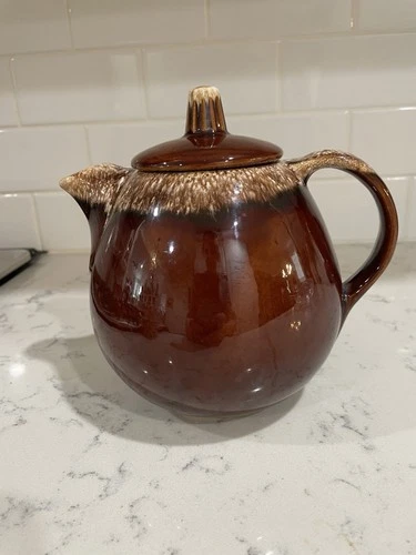 Hull Pottery Brown Tea Pot And McCoy Sugar And Creamer and dessert dish.