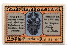 1921 Germany Nordhausen Notgeld 25 Pfennig Note (3406)