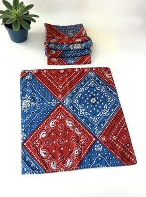 VTG Spring Mills Bandana Print Red & Blue Cloth Napkin Set of 6