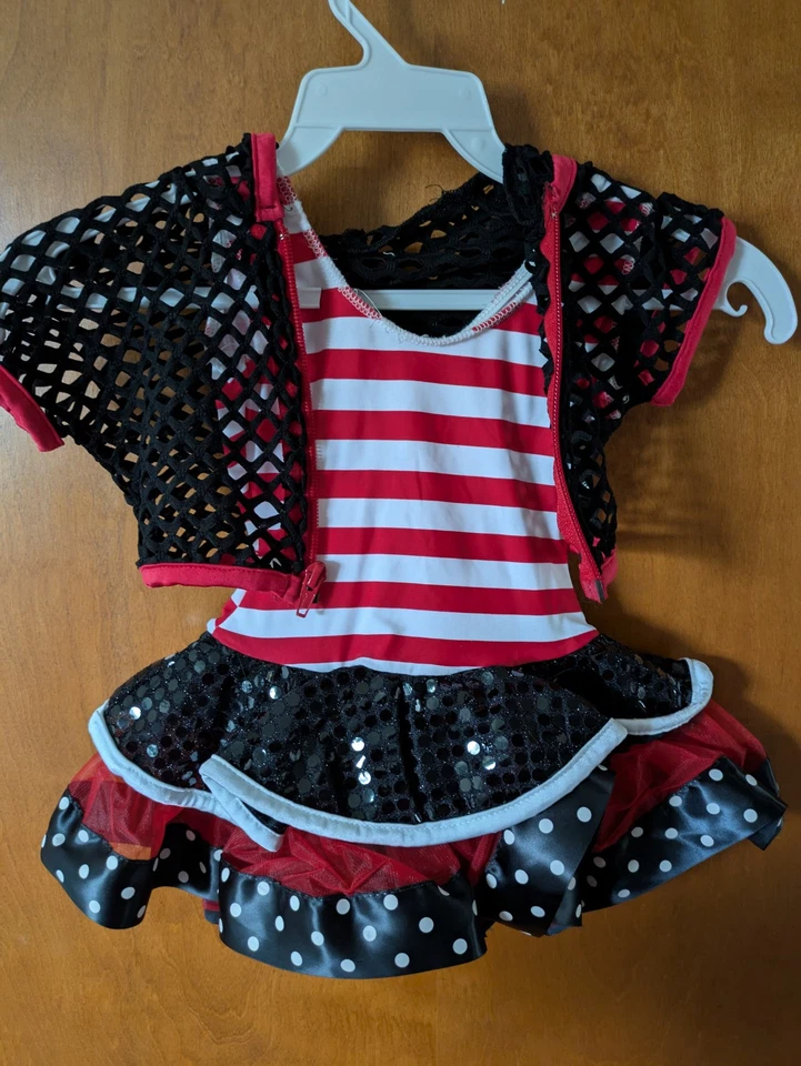 Conjunto de 2 Piezas Disfraz Niño XSmall Leotardo Falda Corta Rojo/Negro Rayas Arte Piedra Foto 2 de 4