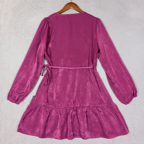 Lulus Wrap Dress Women's Large Purple Satin So Splendid Magenta Ruffled Hem NWT - Picture 7 of 14