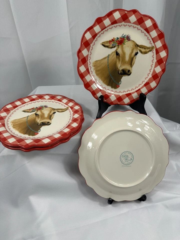 Cuatro (4) Platos de ensalada Pioneer Woman ~ Guinga roja y blanca con patrón de vaca ~ 8,7" Foto 2 de 3