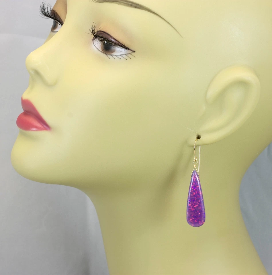 Pendientes de ópalo de oro de 14k lágrimas largas lisas cuelgan rosa lavanda esterlina 2 pulgadas Foto 3 de 4