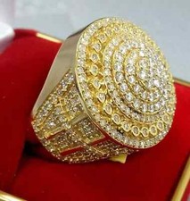 Round Cut Real Moissanite Men's Cluster Wedding Ring 14K Yellow Gold Plated