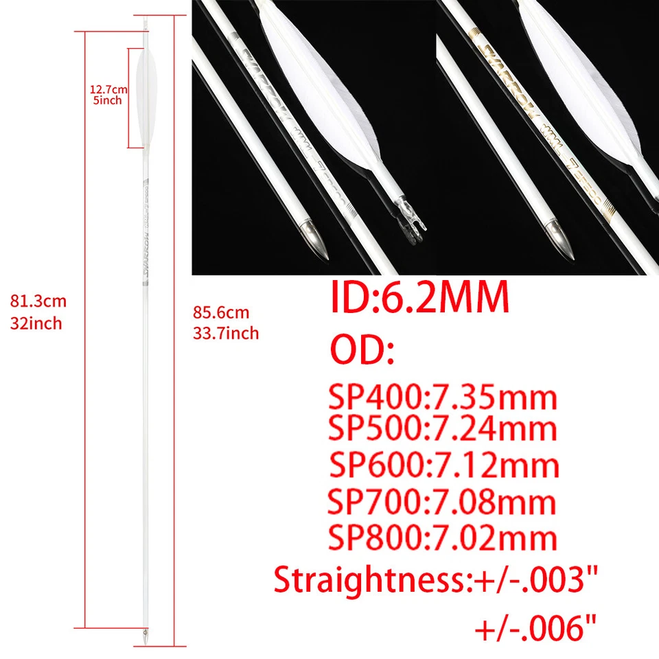 32" Pure Carbon Arrow SP400-800 ID6.2mm Archery 5'' Feathers Recurve Bow Hunting - Image 2 of 4