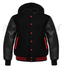 New Varsity Letterman baseball Solid BLACK wool  Genuine Leather Sleeves Hoodie