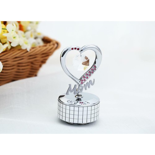 Matashi Chrome Plated Mom Heart Wind-Up Music Box Table Top Ornament w/ Crystals - Picture 3 of 4