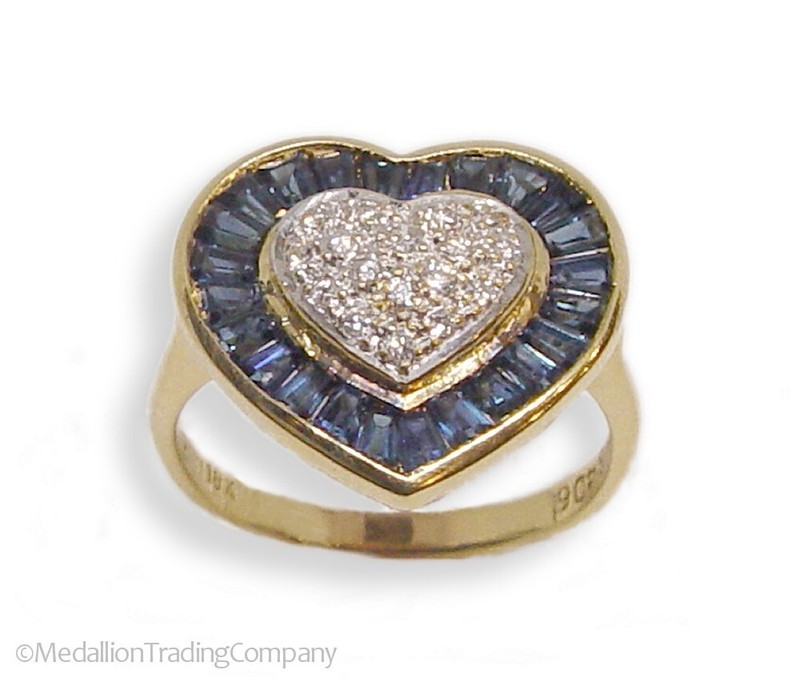 18k Yellow Gold .88 Carat Diamond Sapphire Baguette Heart Halo Ring Size 6 Lot 3